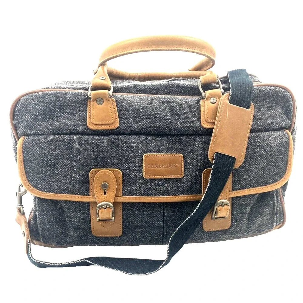 Cambridge Gray Tweed and Leather Satchel Tote Carry On Weekender Bag